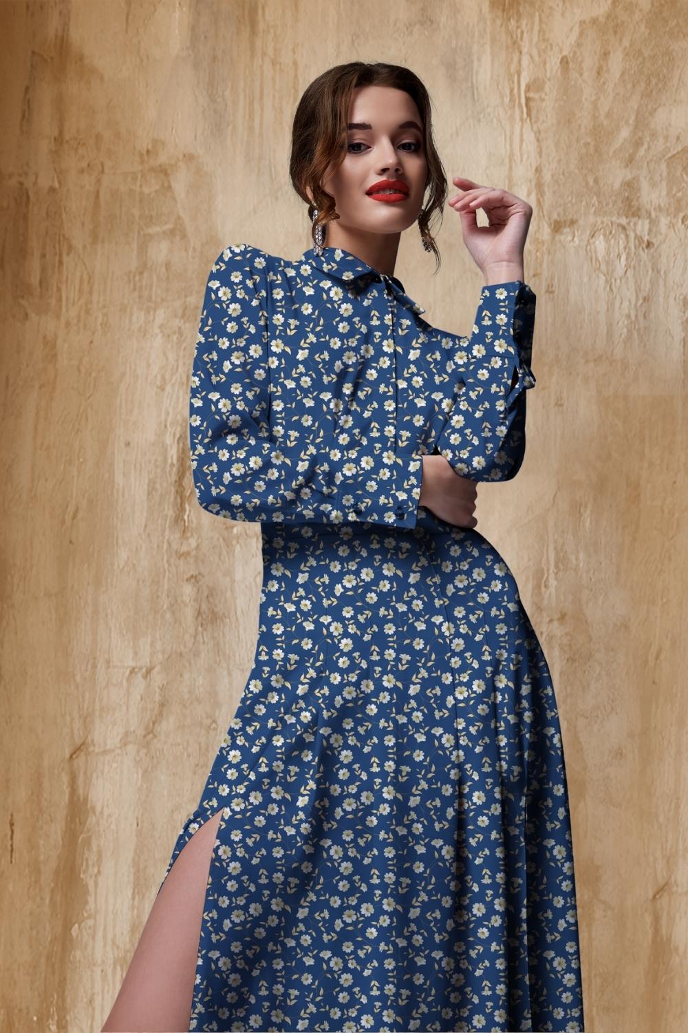 Vivian Blue Floral Slit Dress