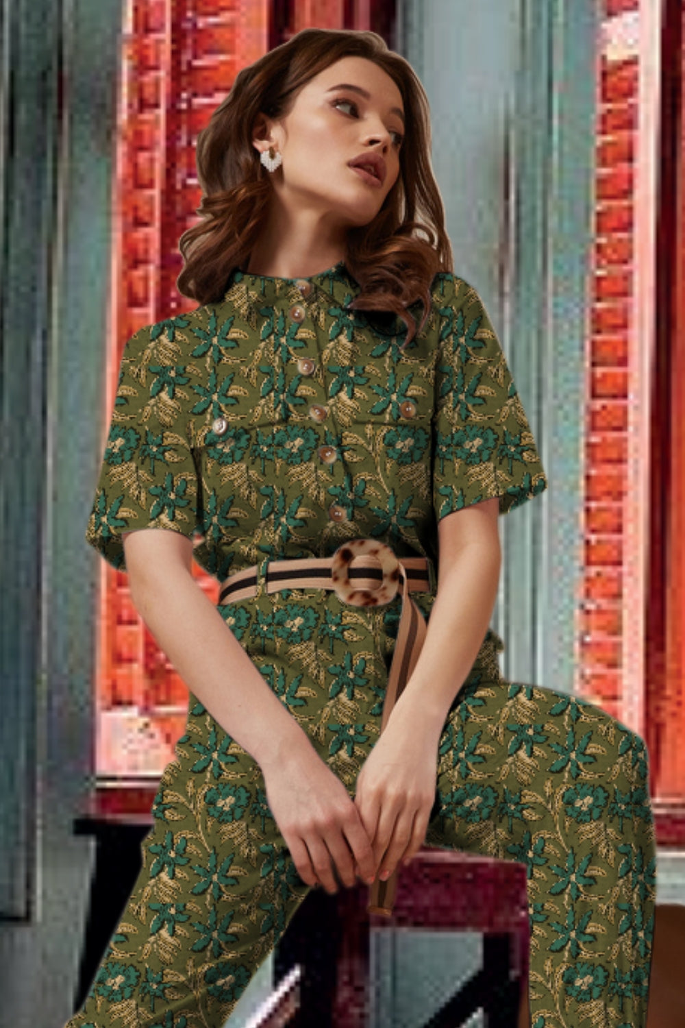 Lucy Green Floral Button-Up Jumpsuit