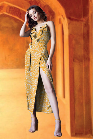 Olivia Yellow Floral Ruffle Wrap Dress