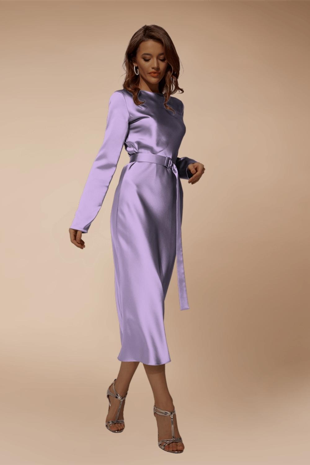 lilac satin dress midi Draped Bodice Strapless Satin Midi Dress with Full Circle Skirt