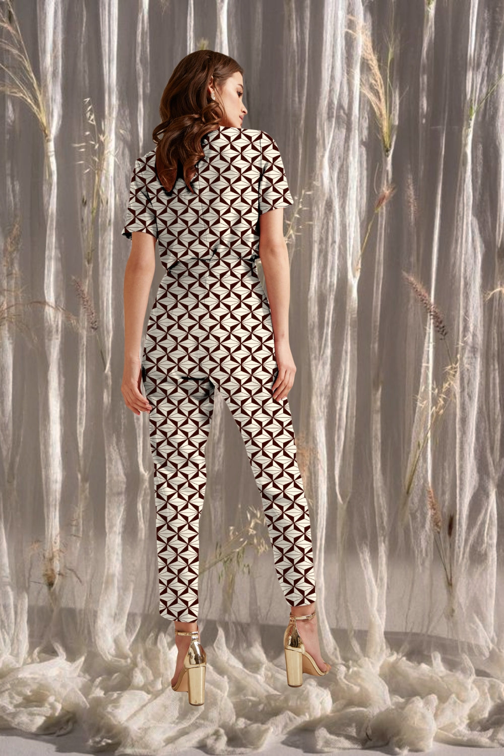 Jumpsuit 14 -  Sophie Half Sleeve Jumpsuit Brown Geometric Half Sleeve Jumpsuit