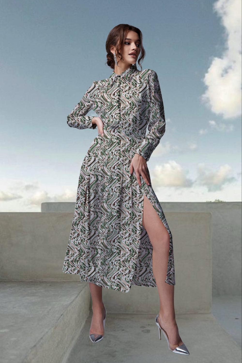 Tiara Abstract Slit-Midi Dress