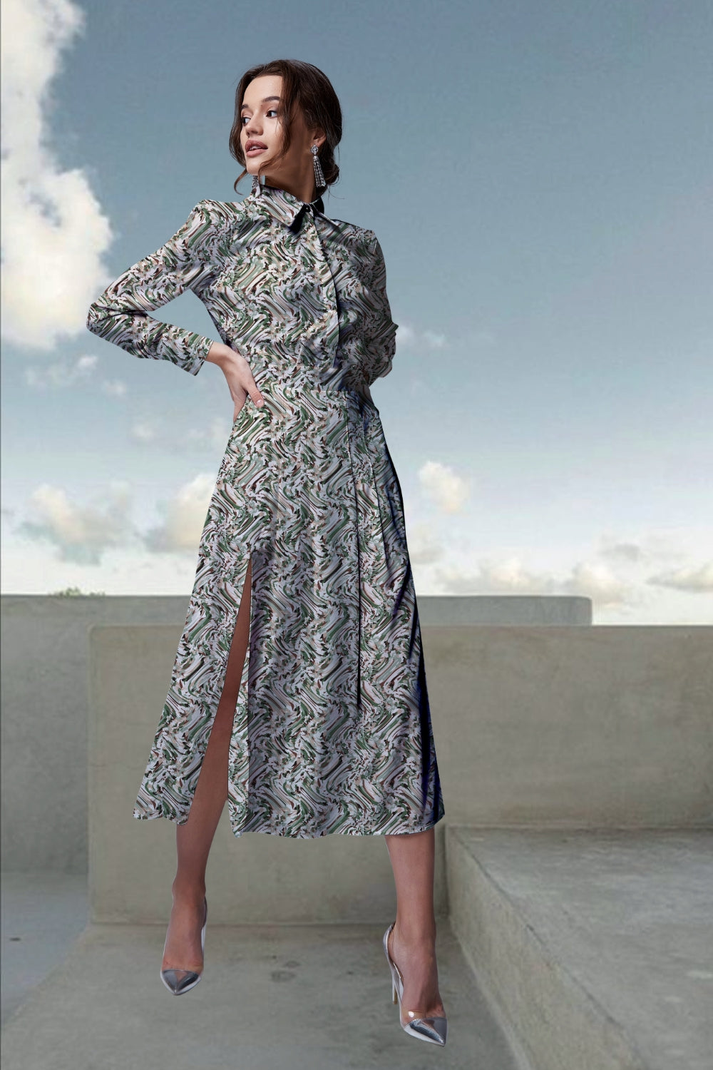 Tiara Abstract Slit-Midi Dress