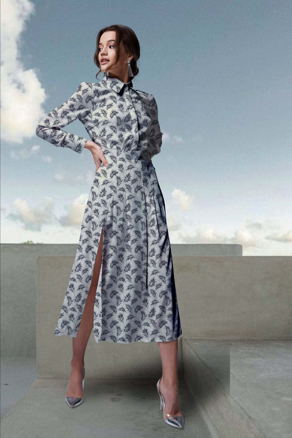 Tiara Leaves Slit-Midi Dress