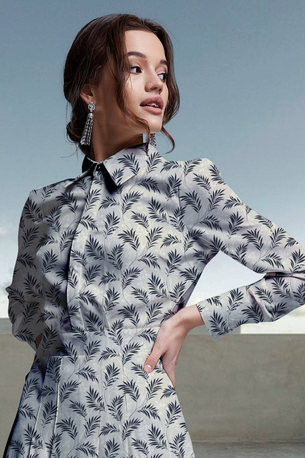 Tiara Leaves Slit-Midi Dress