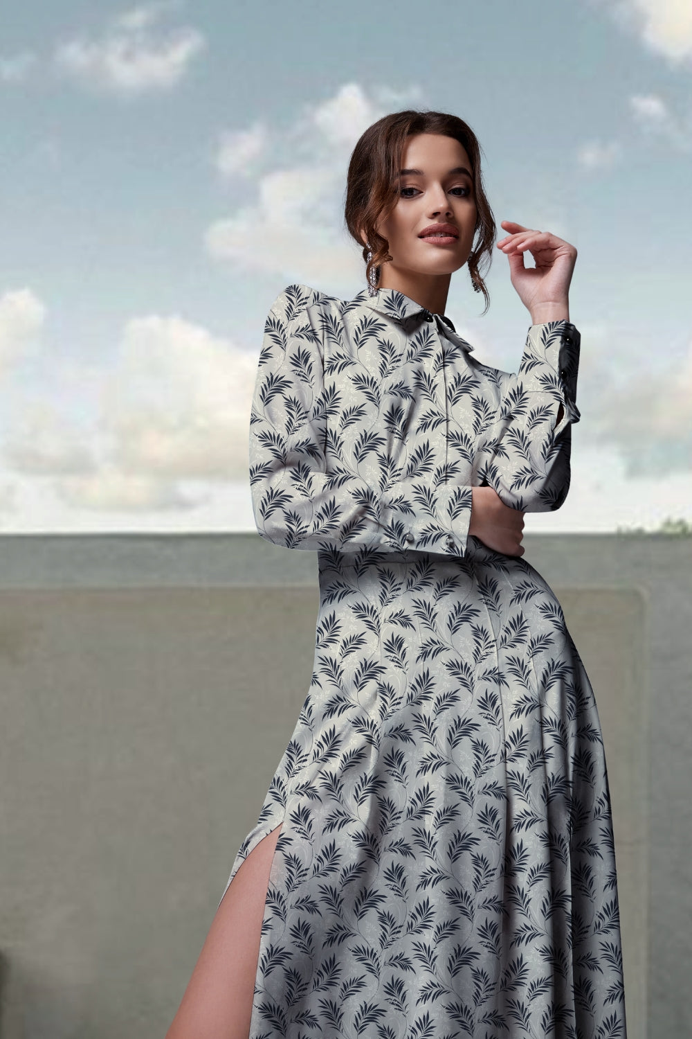 Tiara Leaves Slit-Midi Dress